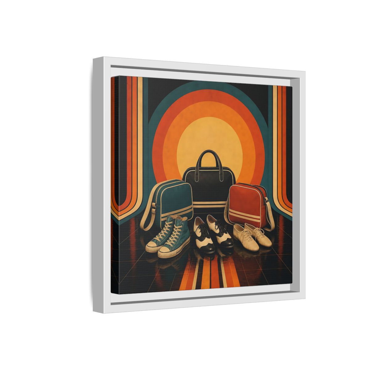 Side Mockup 16. Retro Shoes And Bags shown as framed canvas print