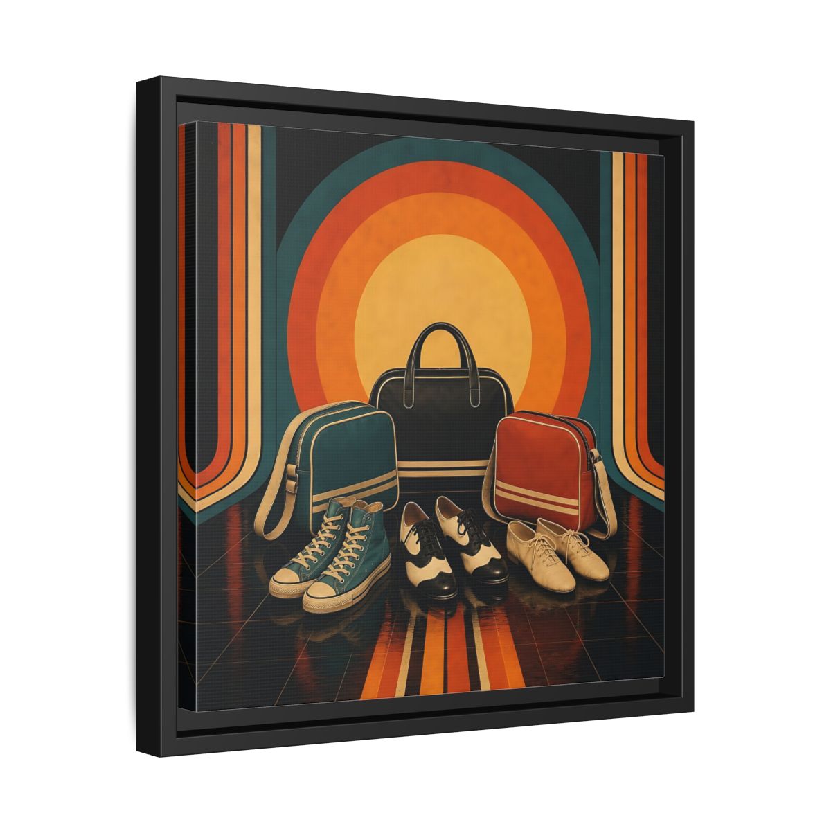 Side Mockup 32. Retro Shoes And Bags shown as framed canvas print