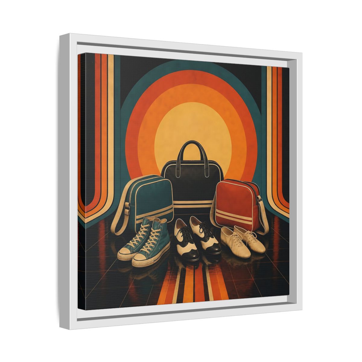 Side Mockup 28. Retro Shoes And Bags shown as framed canvas print