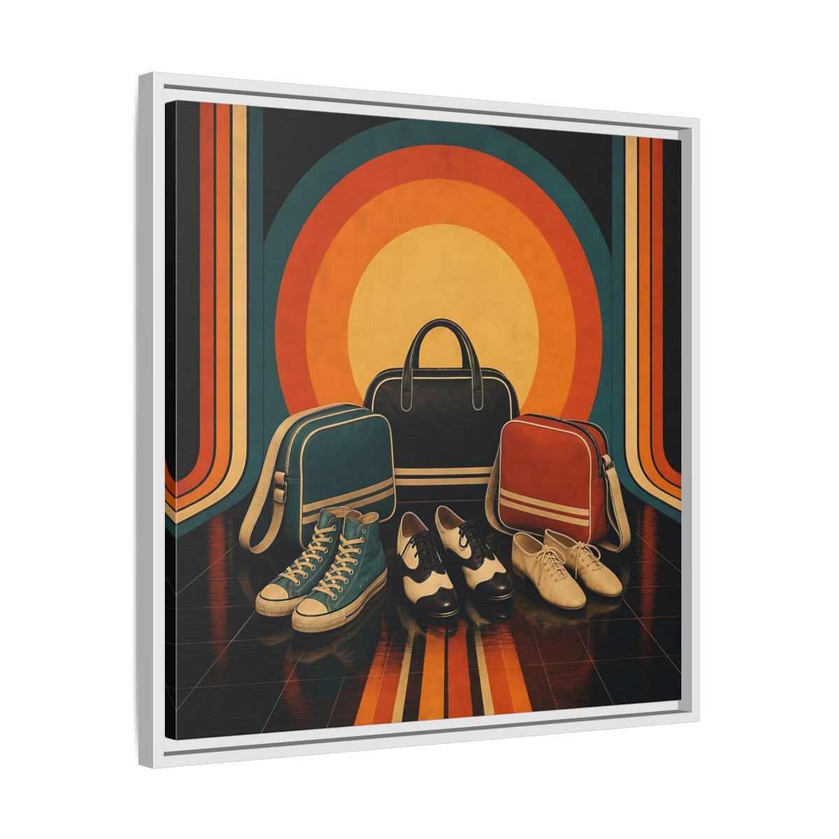 Side Mockup 26. Retro Shoes And Bags shown as framed canvas print