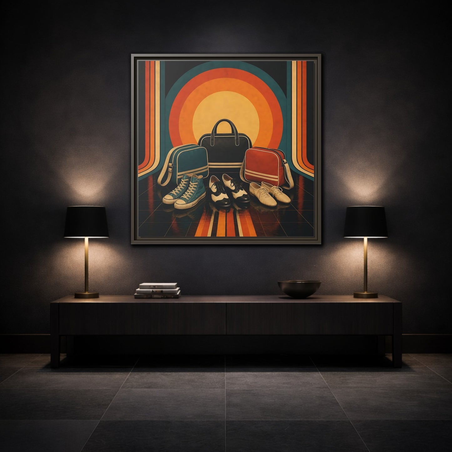 Mockup 3. Retro Shoes And Bags shown as framed canvas print
