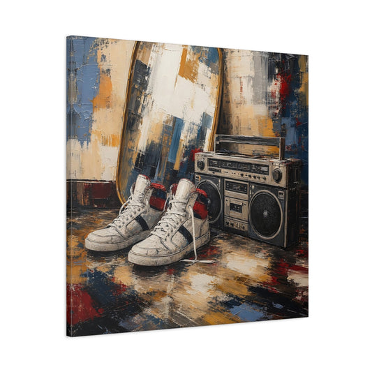 Main Mockup. Retro Sneakers And Boombox shown as canvas print