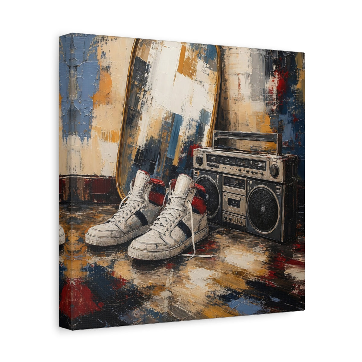 Side Mockup 8. Retro Sneakers And Boombox shown as canvas print