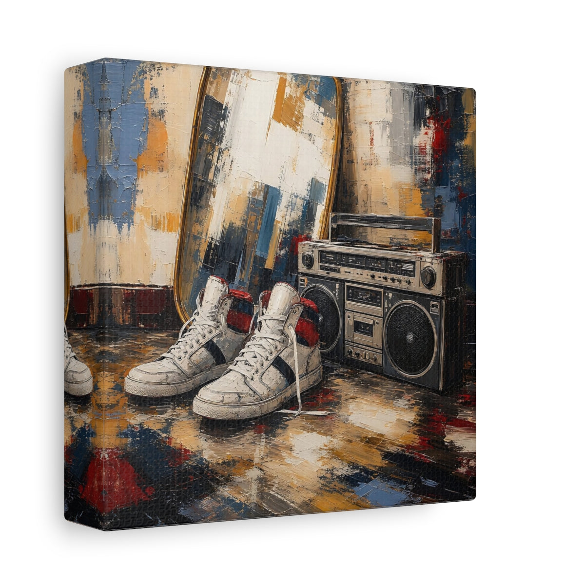 Side Mockup 2. Retro Sneakers And Boombox shown as canvas print