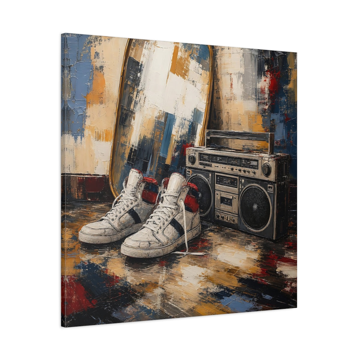 Side Mockup 1. Retro Sneakers And Boombox shown as canvas print