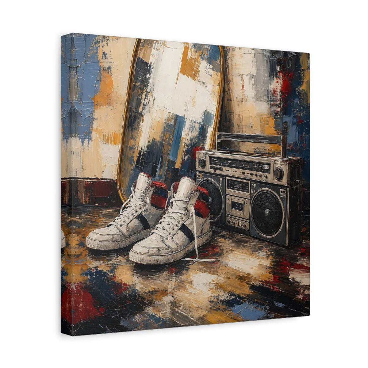 Side Mockup 7. Retro Sneakers And Boombox shown as canvas print