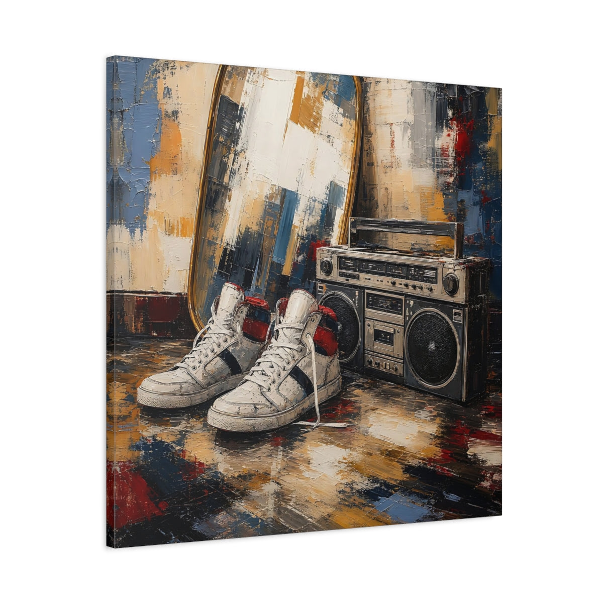 Side Mockup 3. Retro Sneakers And Boombox shown as canvas print