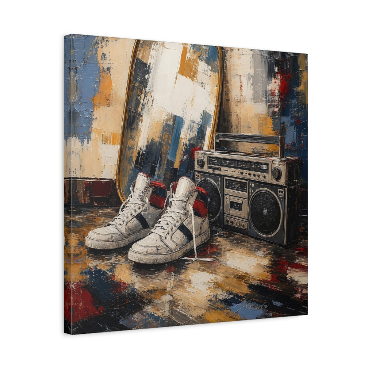 Side Mockup 5. Retro Sneakers And Boombox shown as canvas print