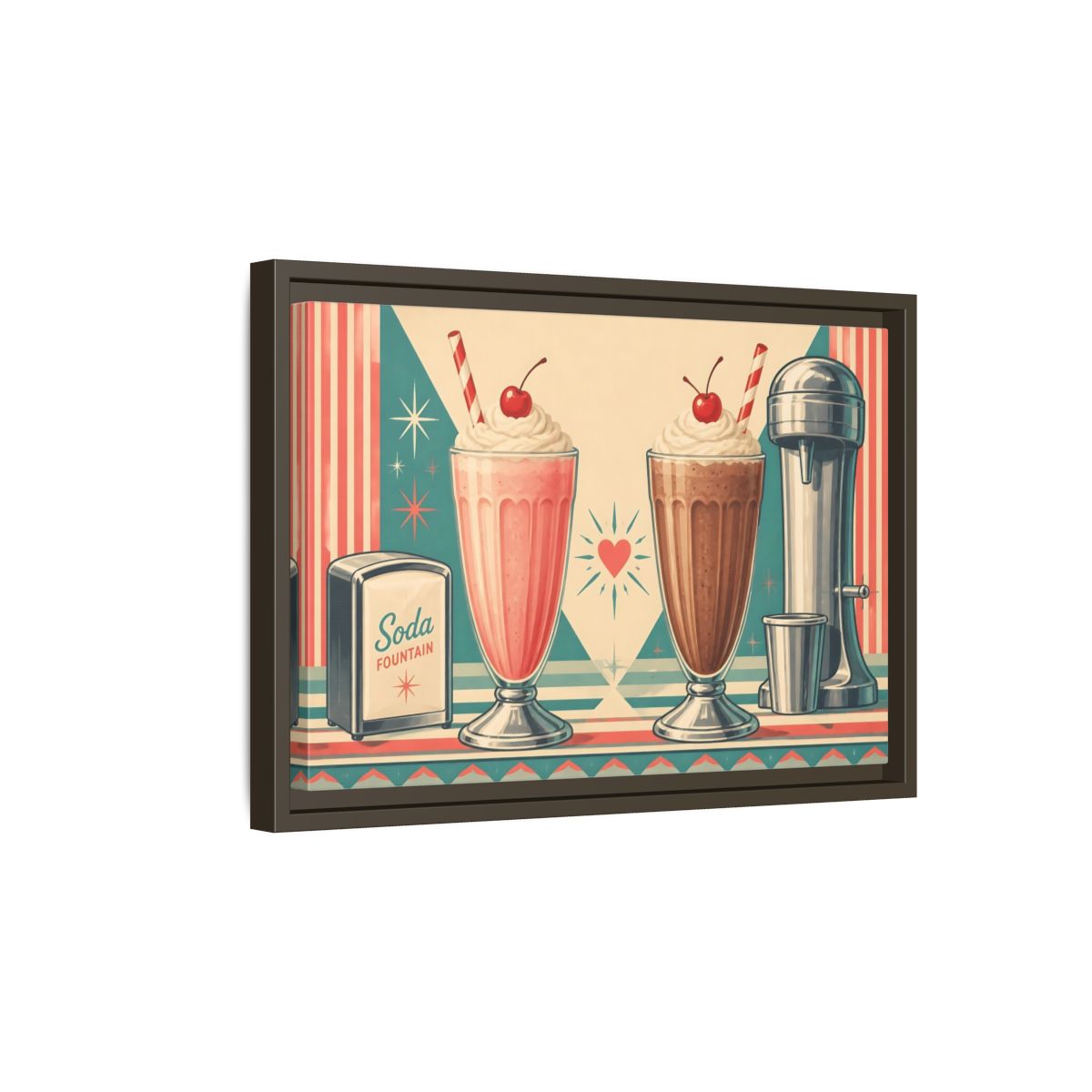 Side Mockup 5. Retro Soda Fountain Milkshakes shown as framed canvas print