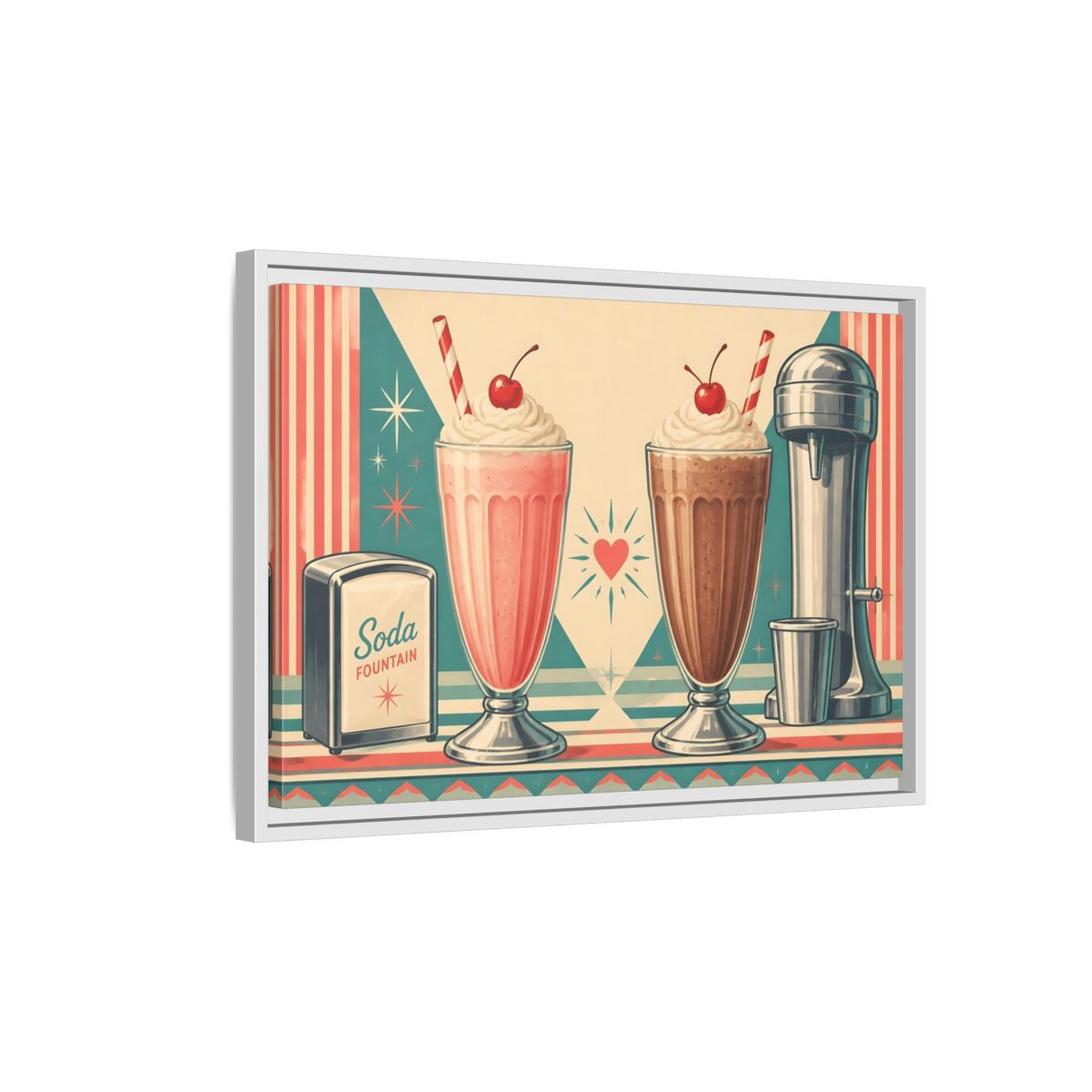Side Mockup 1. Retro Soda Fountain Milkshakes shown as framed canvas print