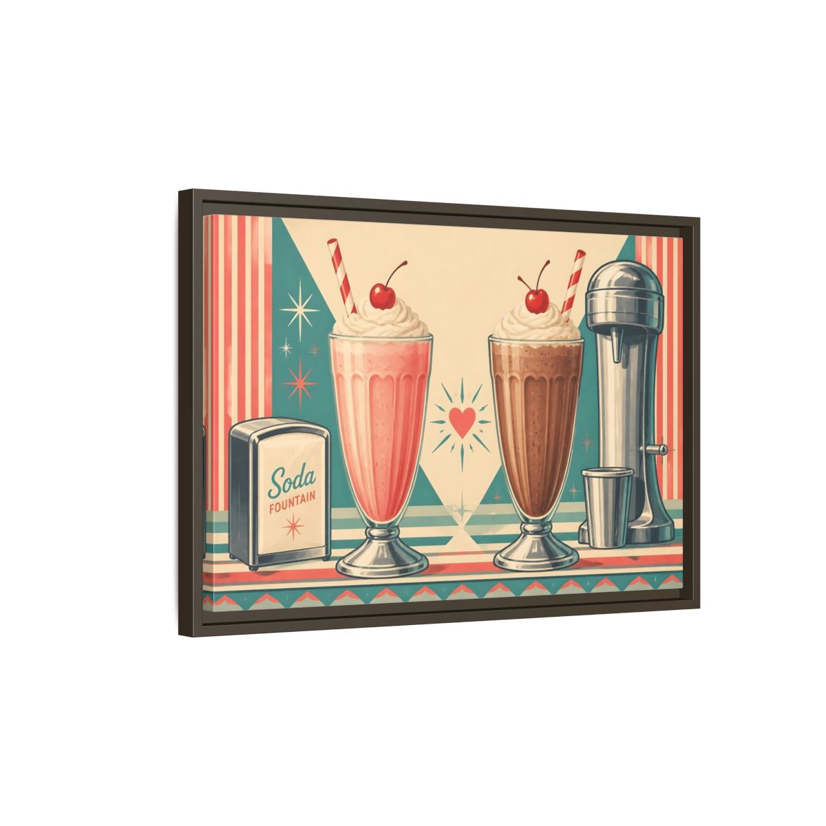 Side Mockup 2. Retro Soda Fountain Milkshakes shown as framed canvas print