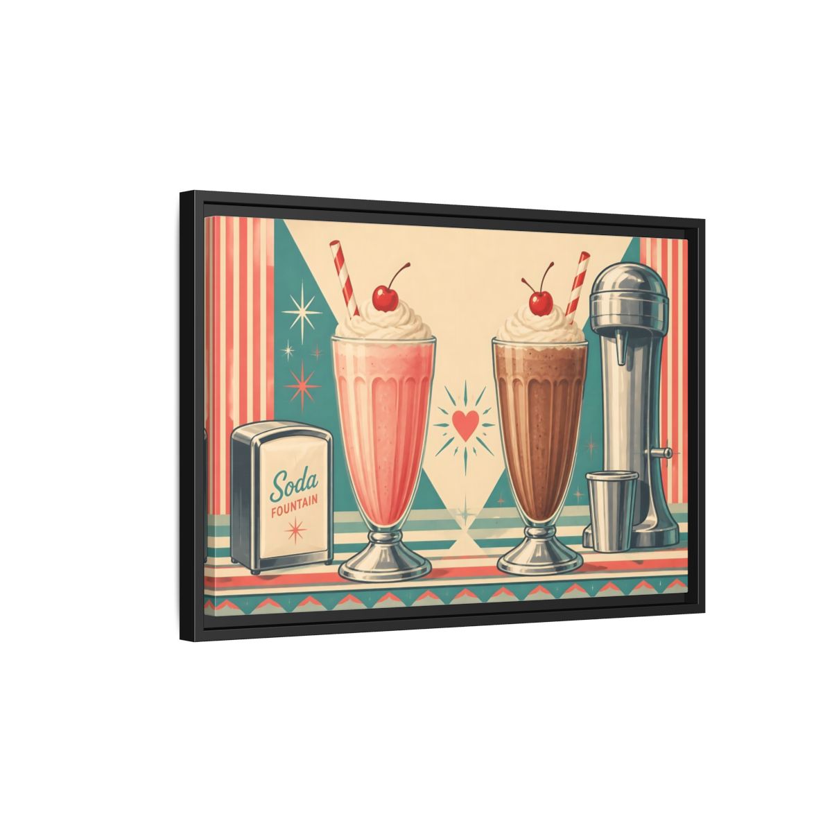 Side Mockup 3. Retro Soda Fountain Milkshakes shown as framed canvas print