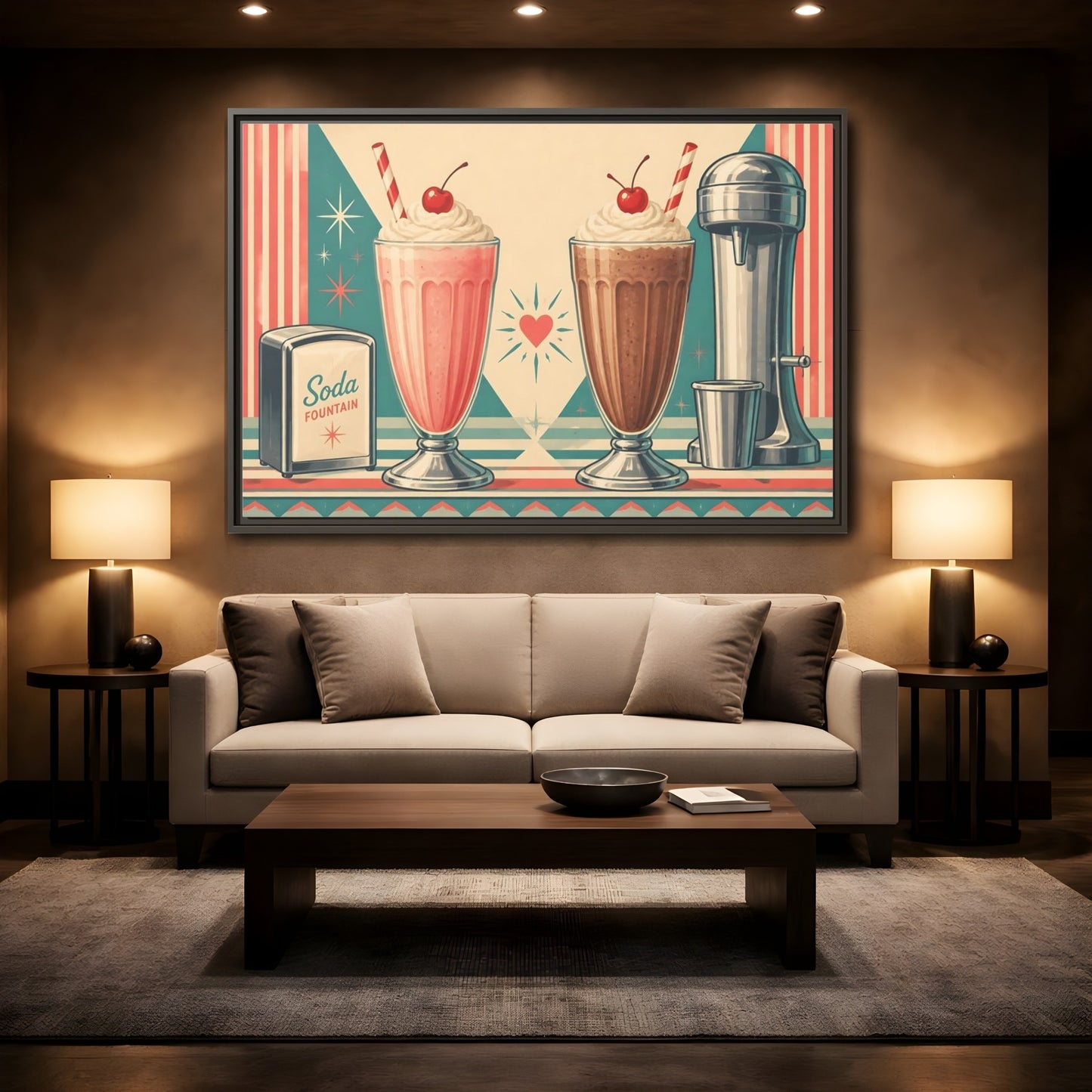 Mockup 2. Retro Soda Fountain Milkshakes shown as framed canvas print