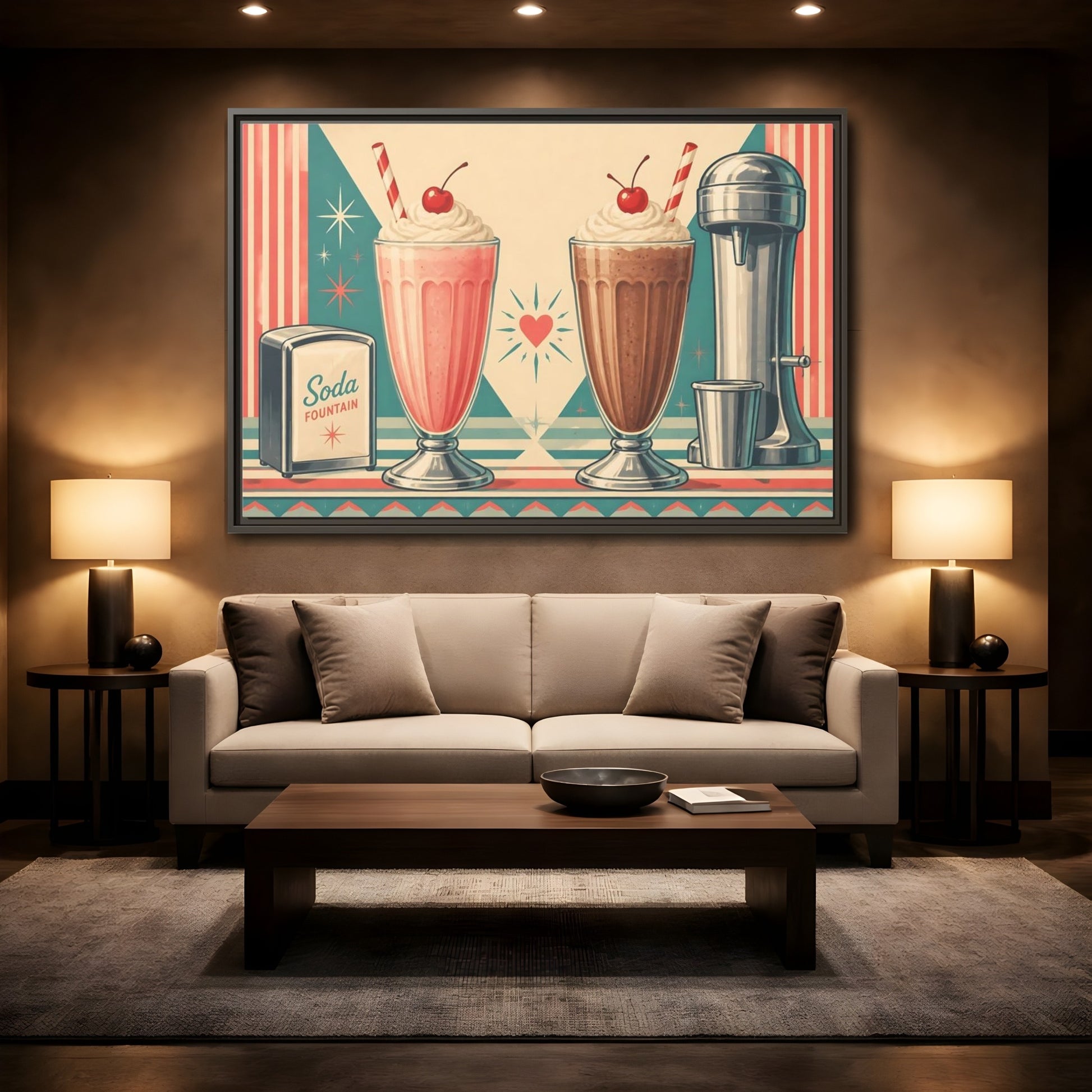 Mockup 2. Retro Soda Fountain Milkshakes shown as framed canvas print