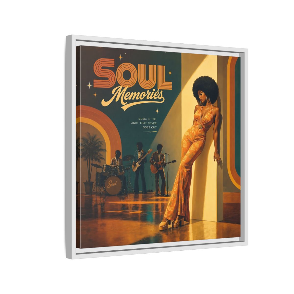 Side Mockup 10. Retro Soul Diva shown as framed canvas print