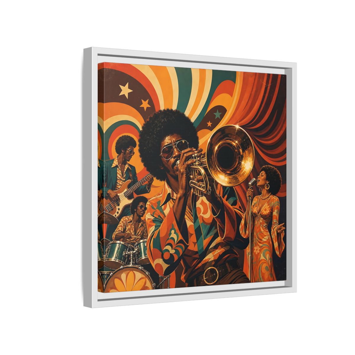 Side Mockup 13. Retro Soul Jazz Quartet shown as framed canvas print