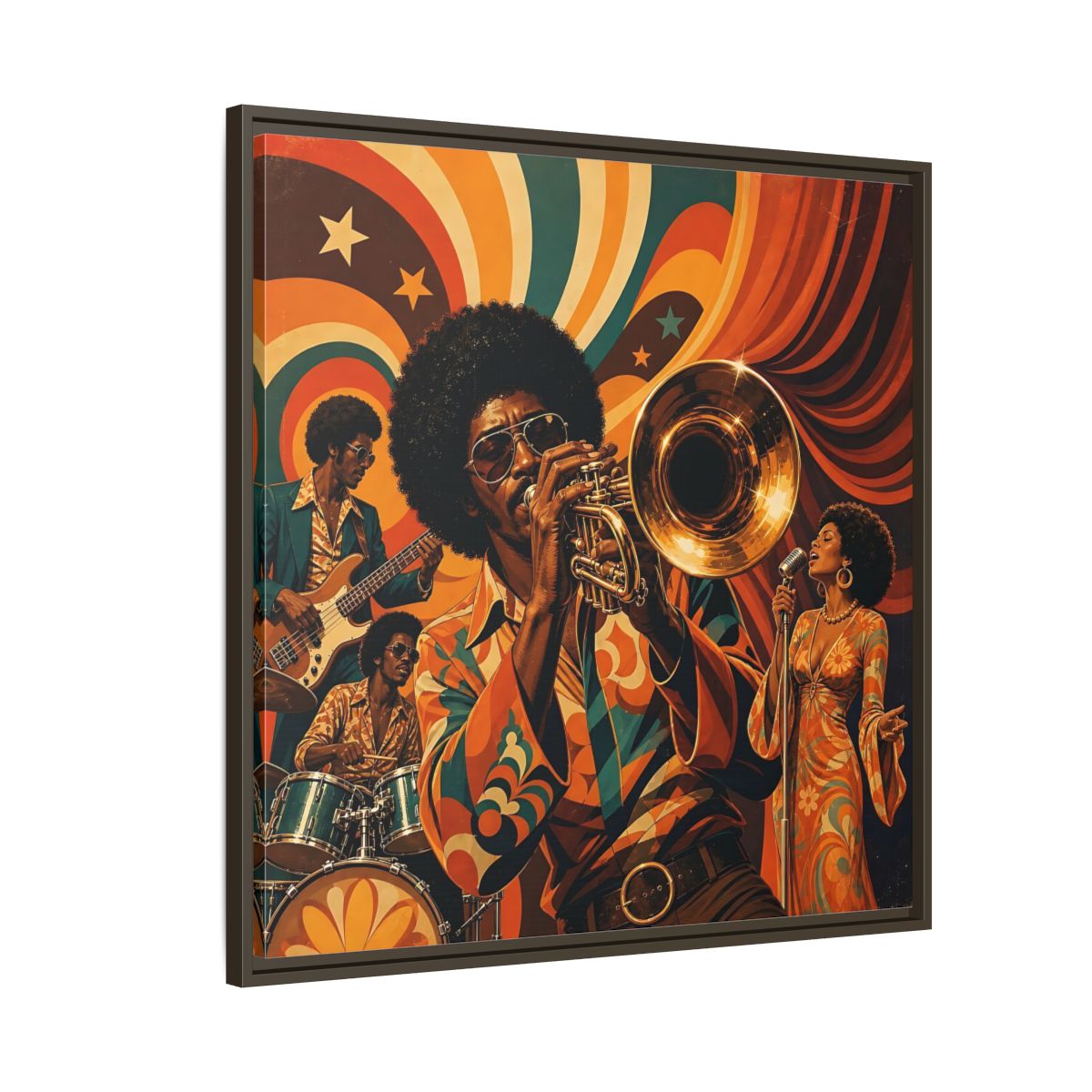Side Mockup 8. Retro Soul Jazz Quartet shown as framed canvas print