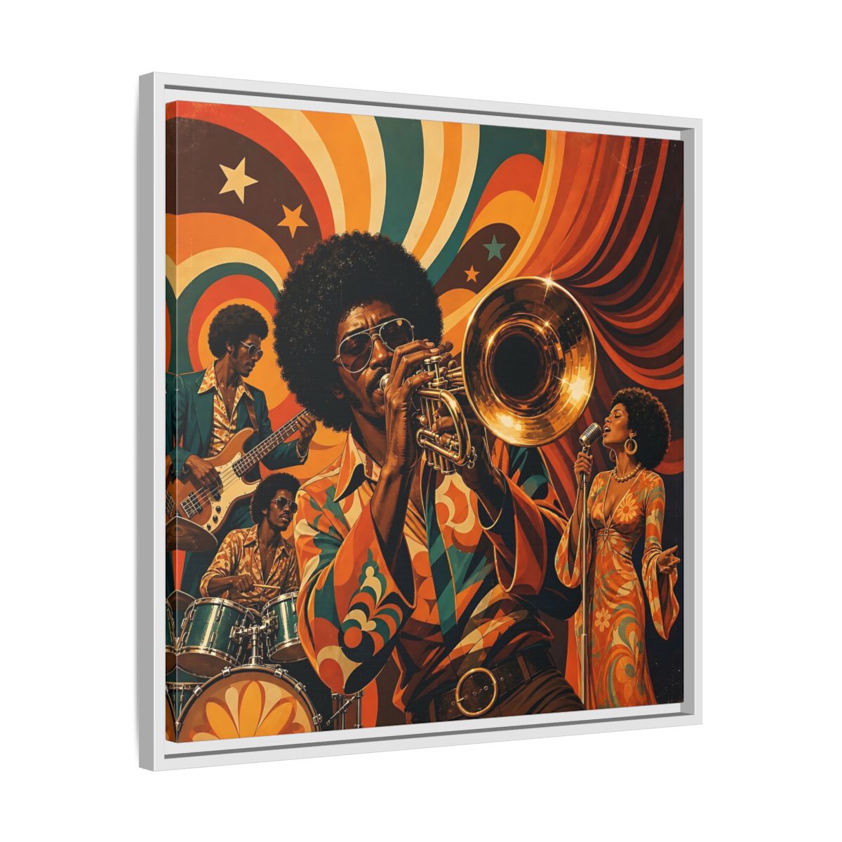 Side Mockup 26. Retro Soul Jazz Quartet shown as framed canvas print