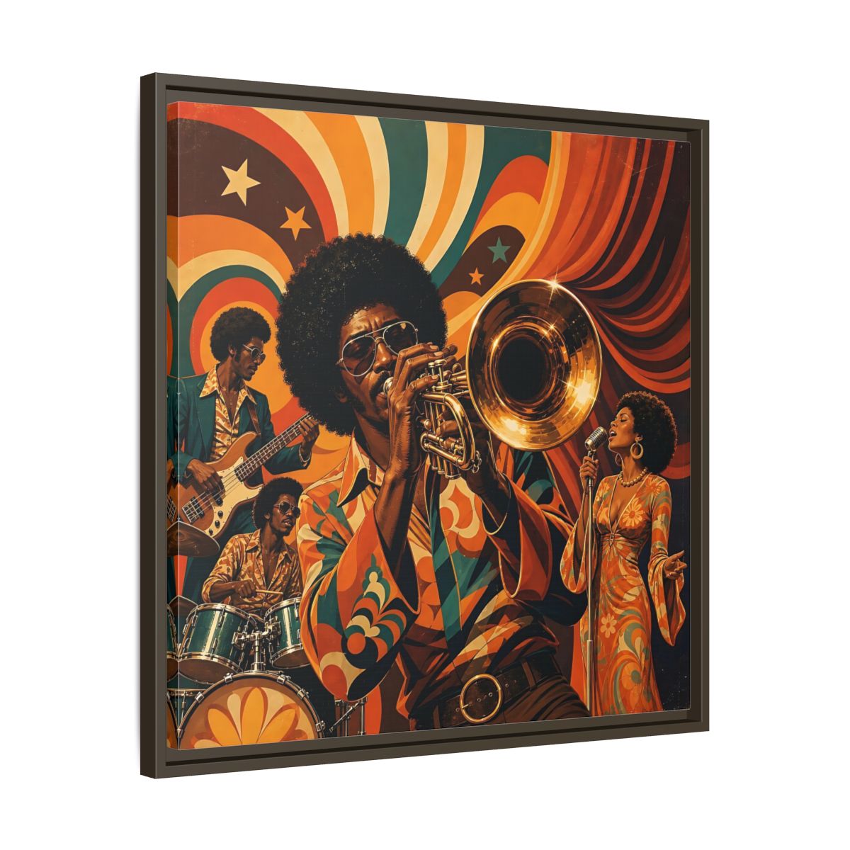 Side Mockup 27. Retro Soul Jazz Quartet shown as framed canvas print