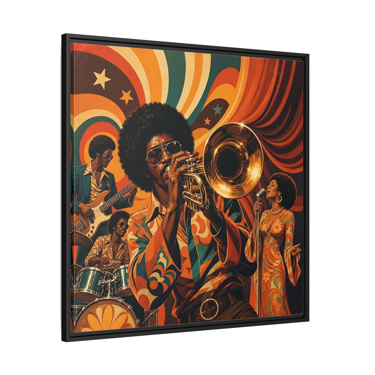 Side Mockup 30. Retro Soul Jazz Quartet shown as framed canvas print