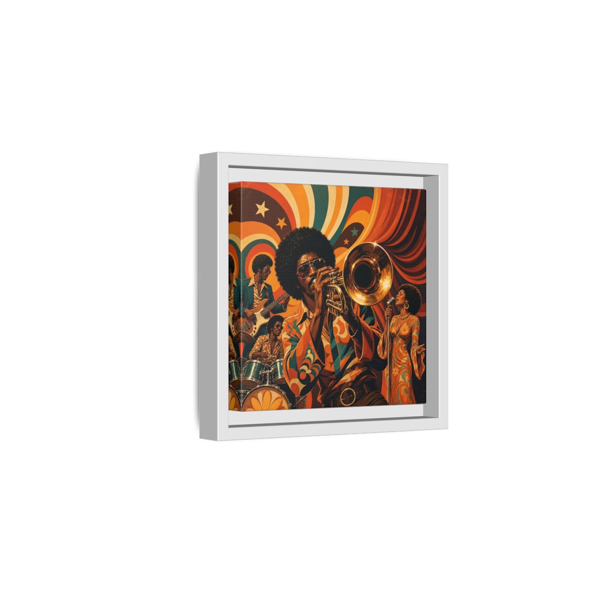 Side Mockup 1. Retro Soul Jazz Quartet shown as framed canvas print
