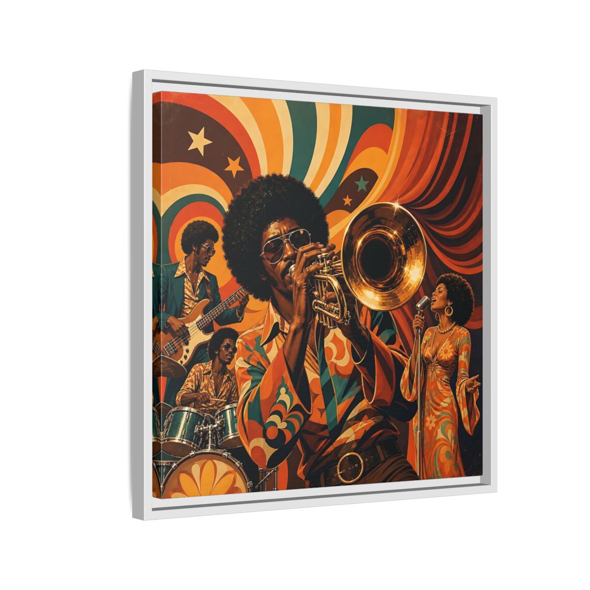 Side Mockup 10. Retro Soul Jazz Quartet shown as framed canvas print