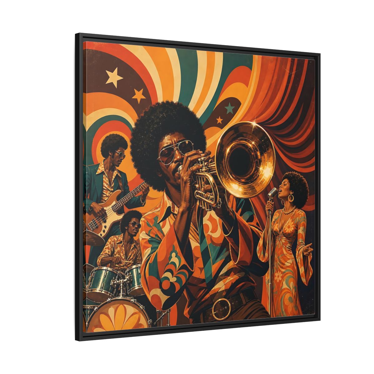 Side Mockup 6. Retro Soul Jazz Quartet shown as framed canvas print