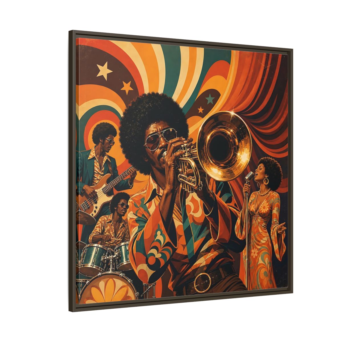 Side Mockup 5. Retro Soul Jazz Quartet shown as framed canvas print