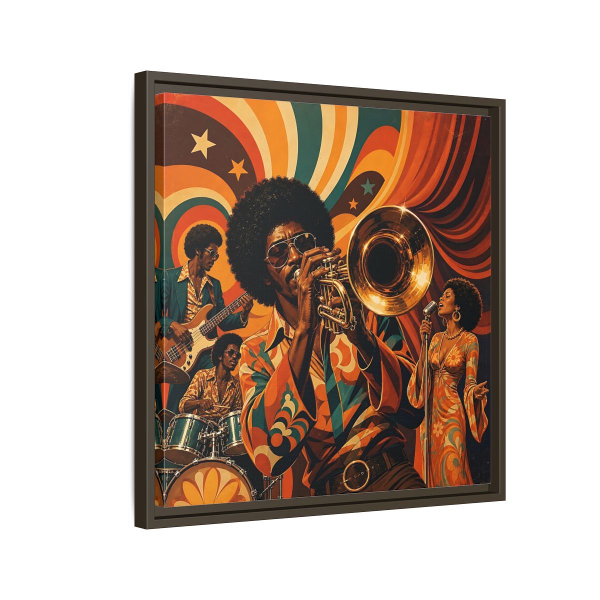 Side Mockup 11. Retro Soul Jazz Quartet shown as framed canvas print