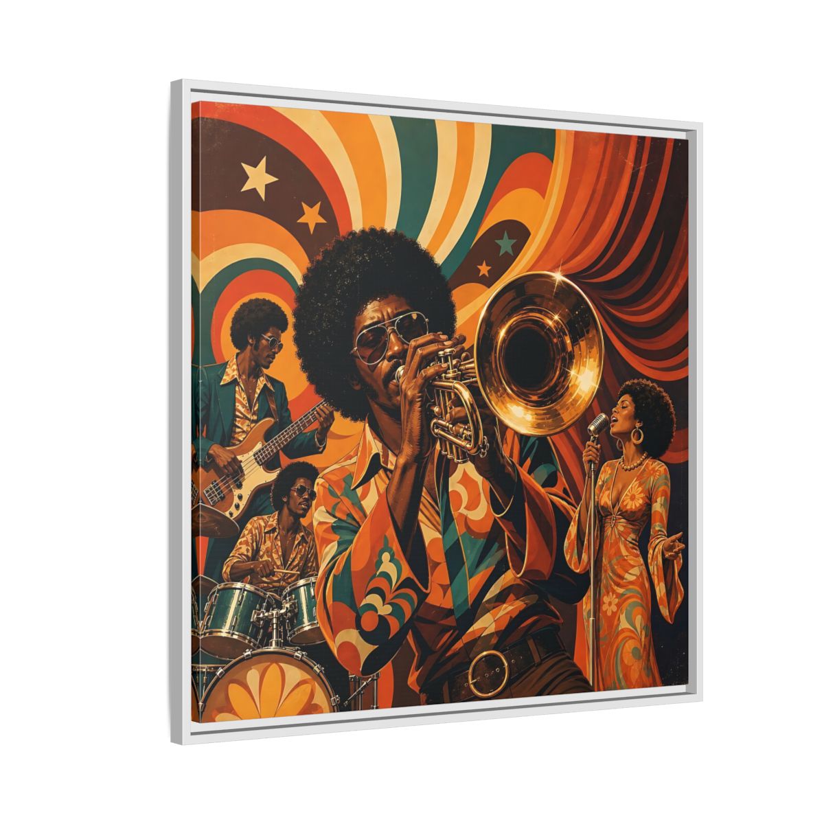 Side Mockup 7. Retro Soul Jazz Quartet shown as framed canvas print