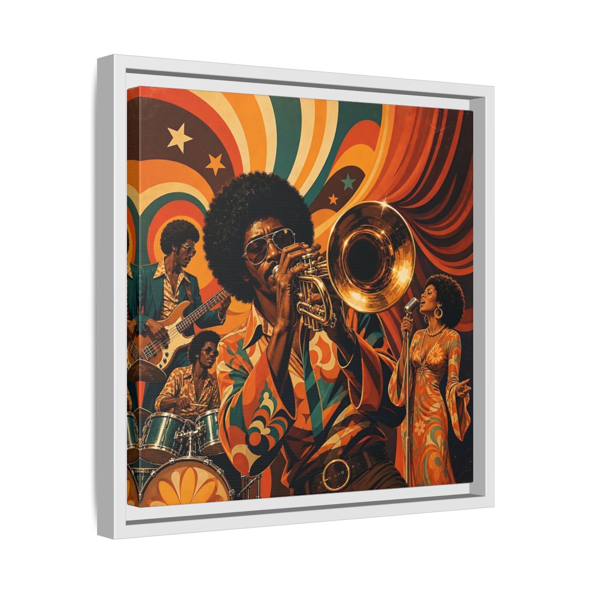 Side Mockup 28. Retro Soul Jazz Quartet shown as framed canvas print