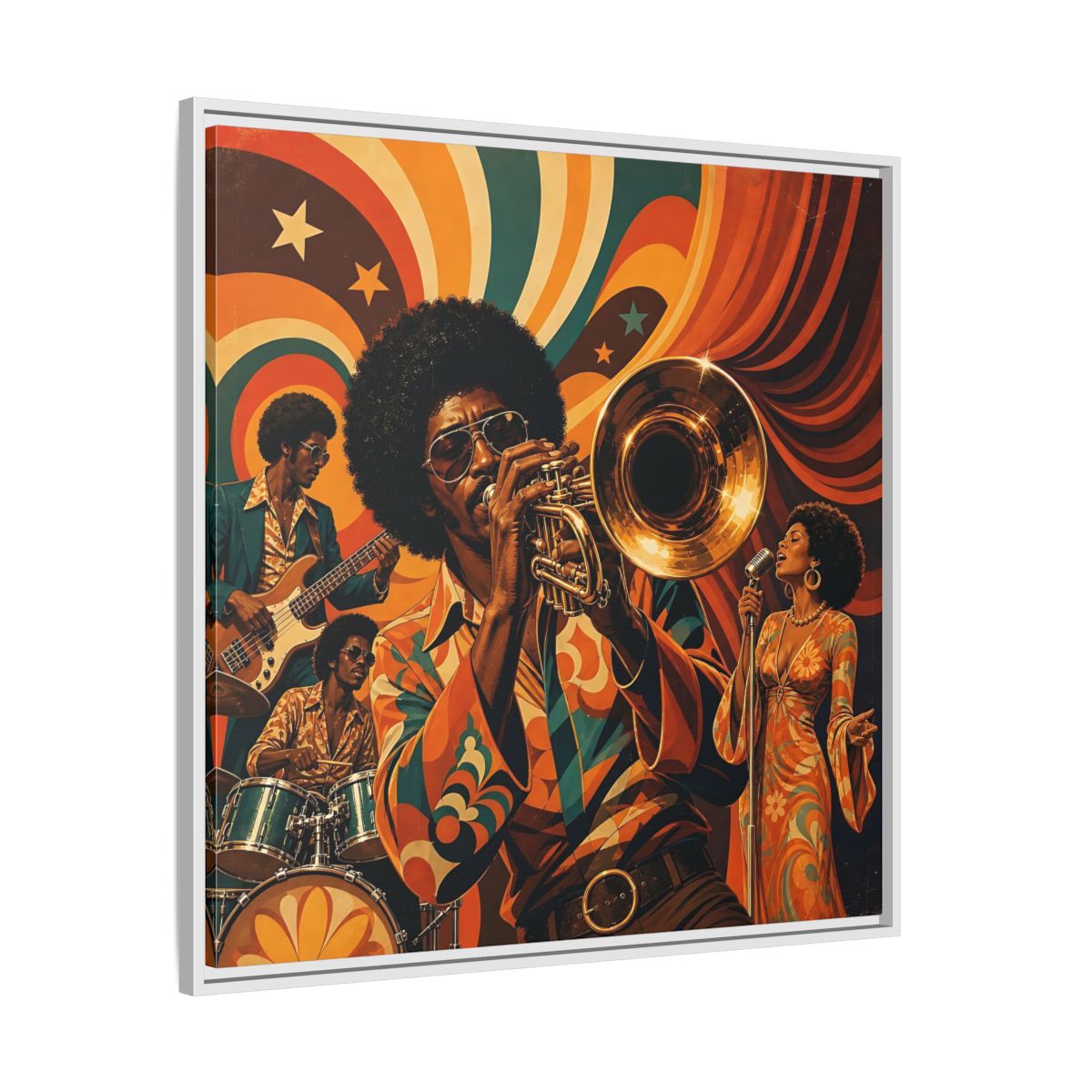 Side Mockup 25. Retro Soul Jazz Quartet shown as framed canvas print