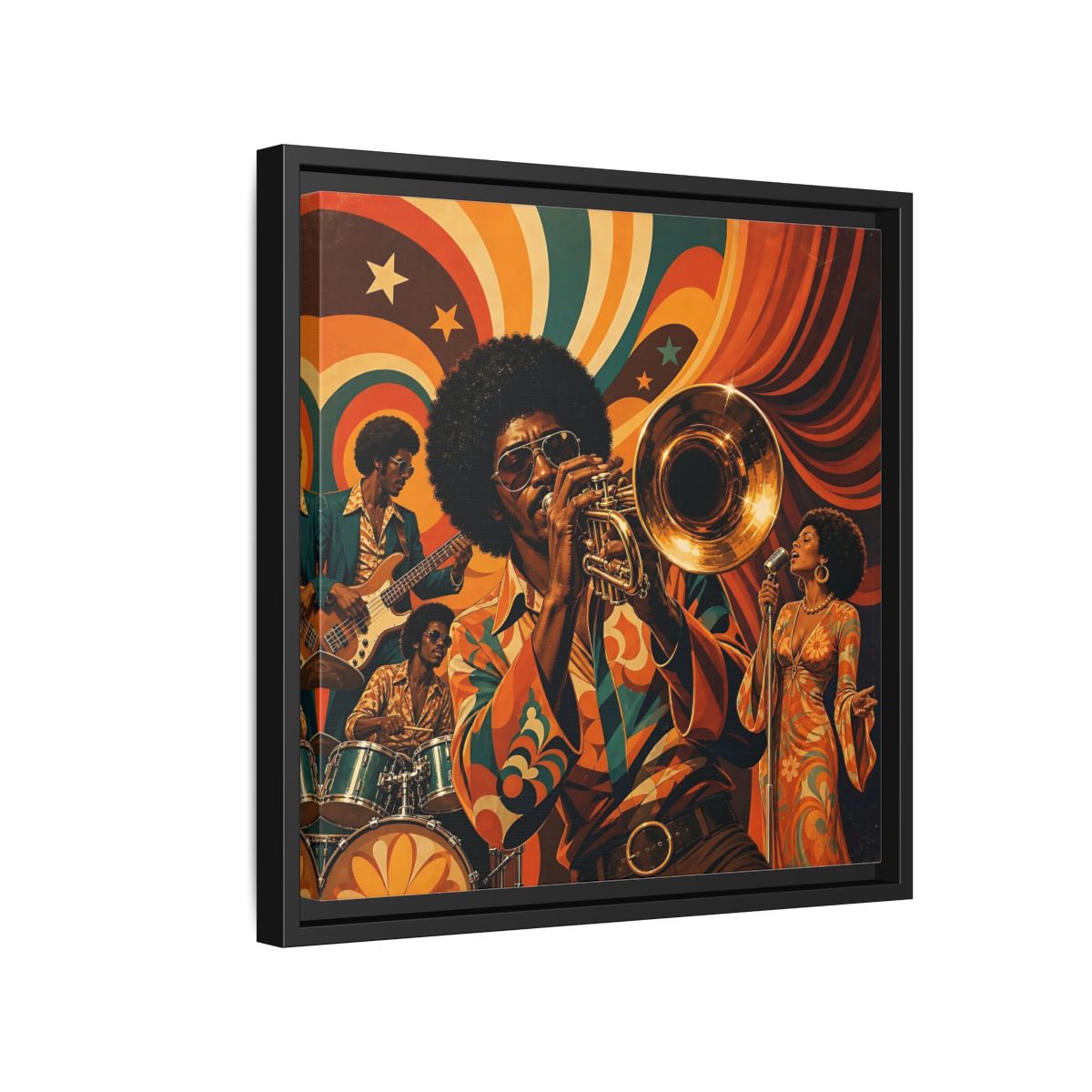 Side Mockup 15. Retro Soul Jazz Quartet shown as framed canvas print