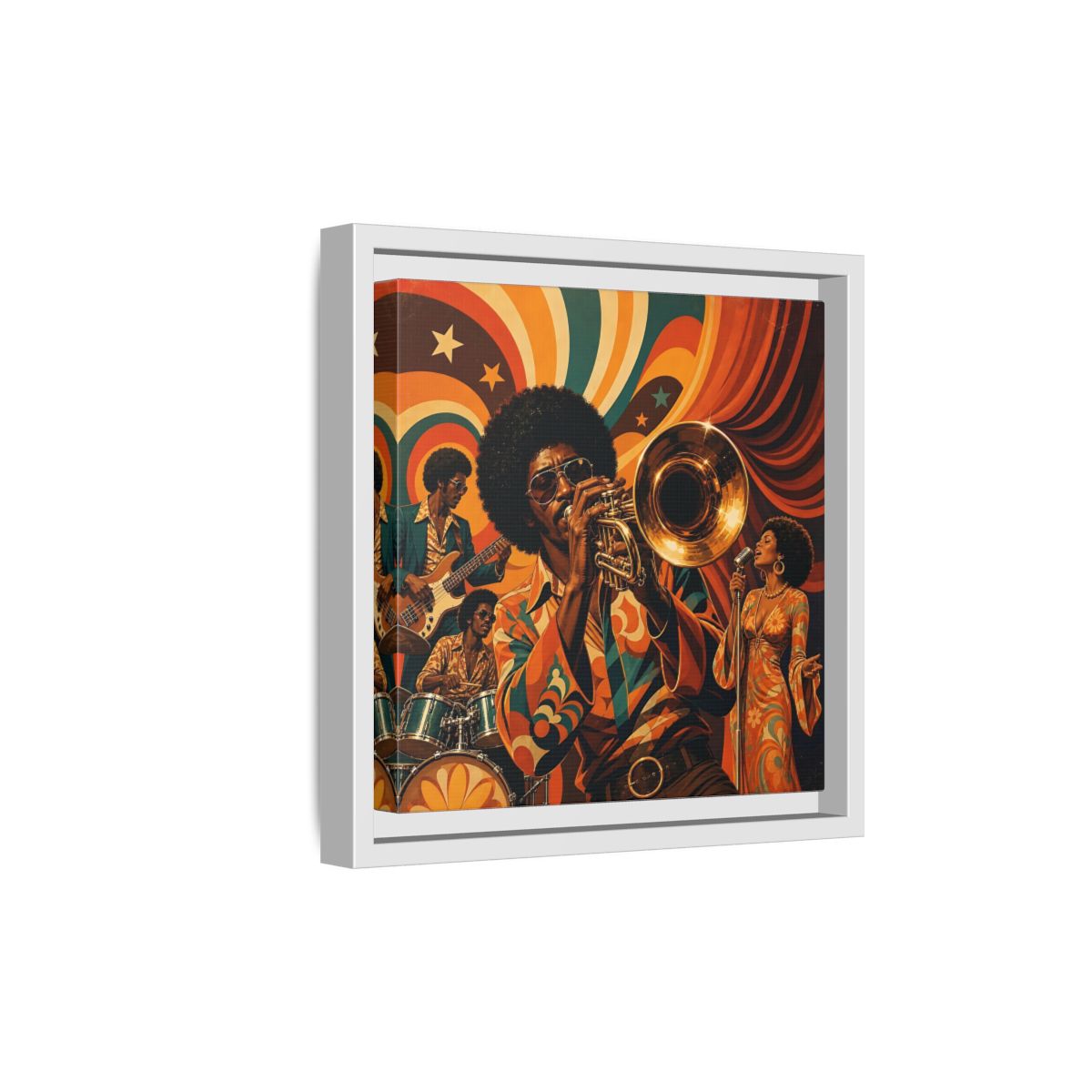 Side Mockup 19. Retro Soul Jazz Quartet shown as framed canvas print