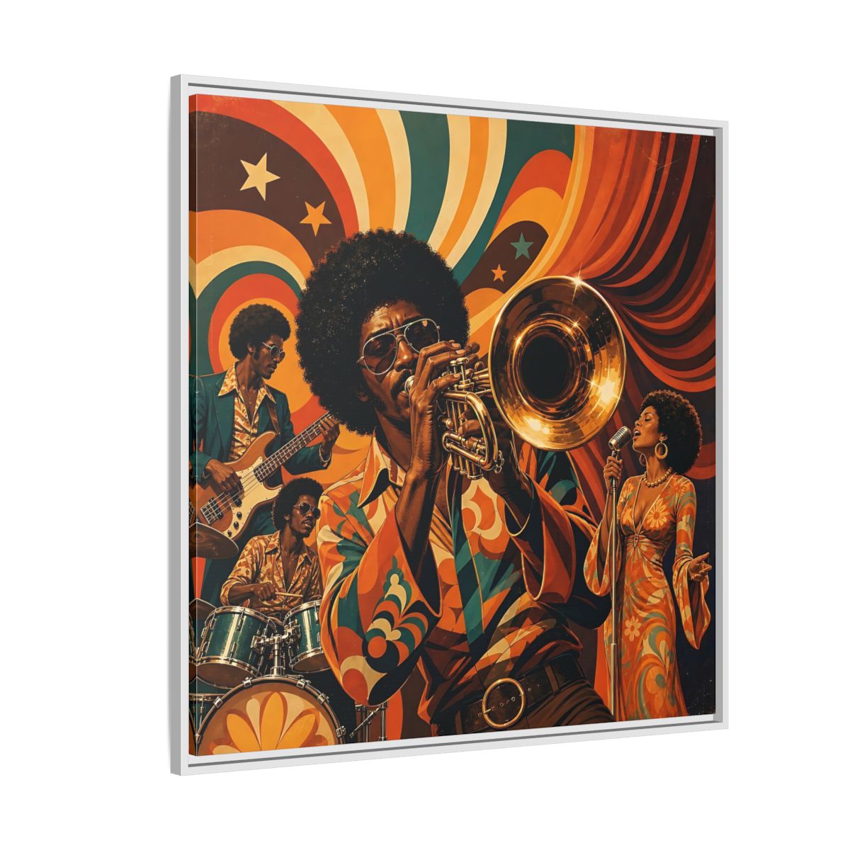 Side Mockup 4. Retro Soul Jazz Quartet shown as framed canvas print