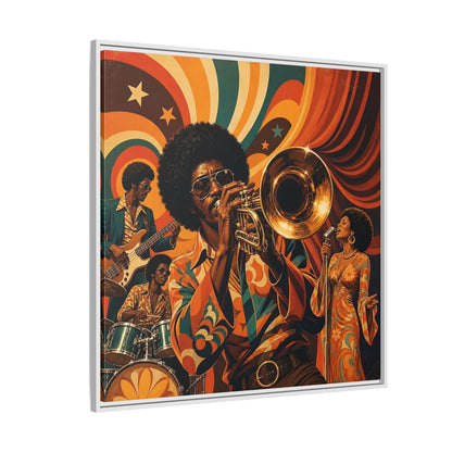 Side Mockup 4. Retro Soul Jazz Quartet shown as framed canvas print