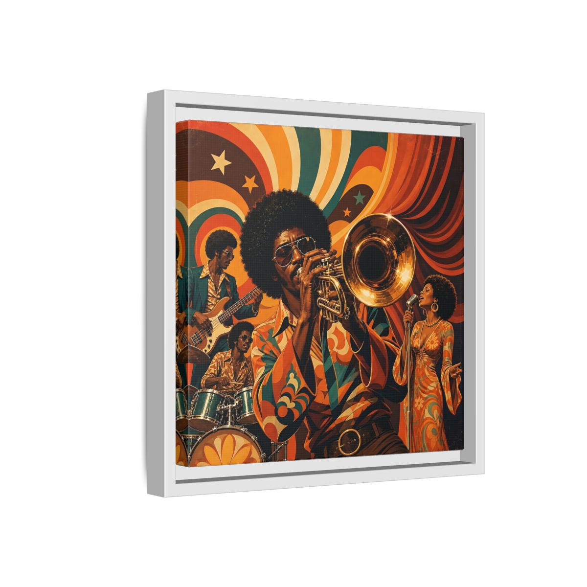 Side Mockup 16. Retro Soul Jazz Quartet shown as framed canvas print