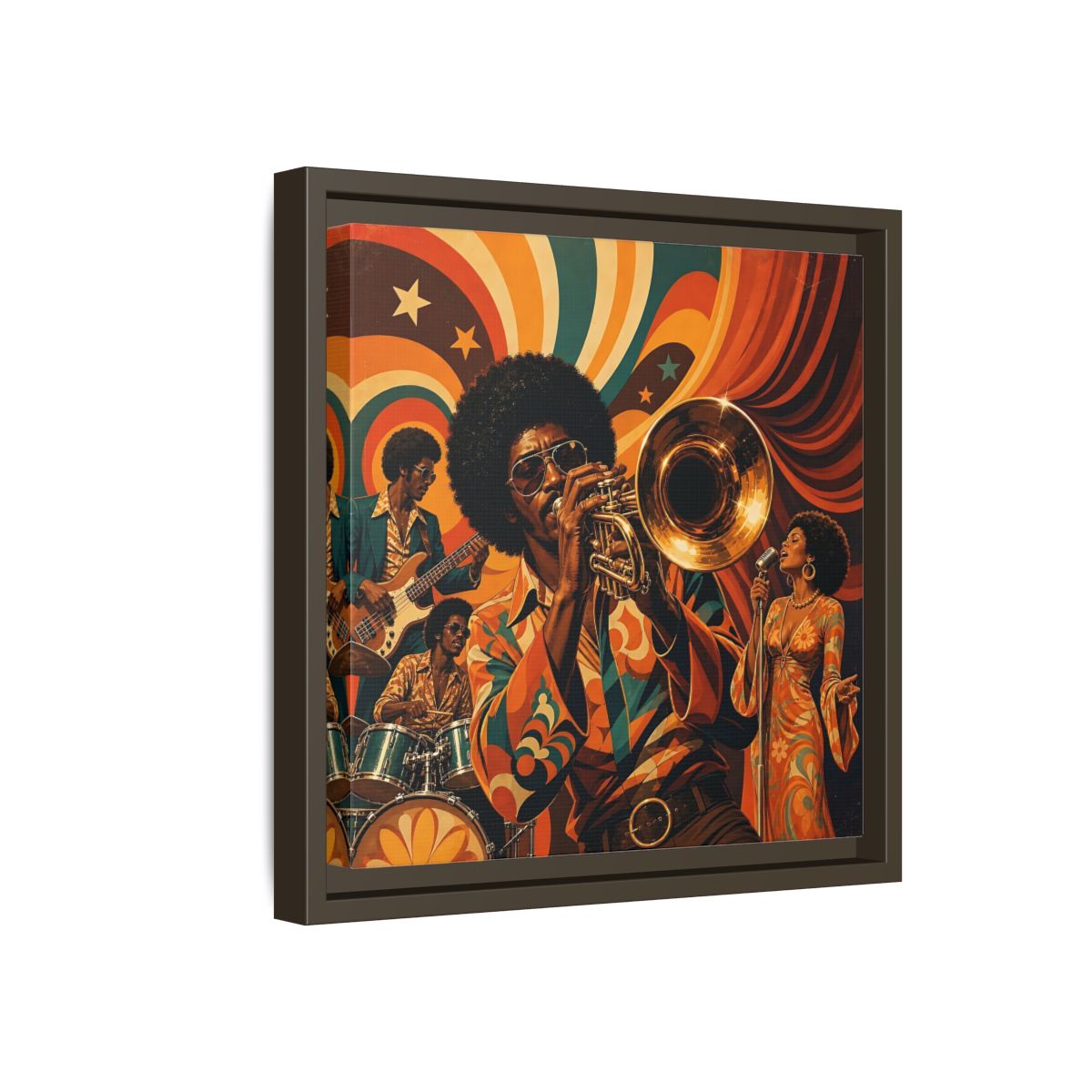 Side Mockup 17. Retro Soul Jazz Quartet shown as framed canvas print