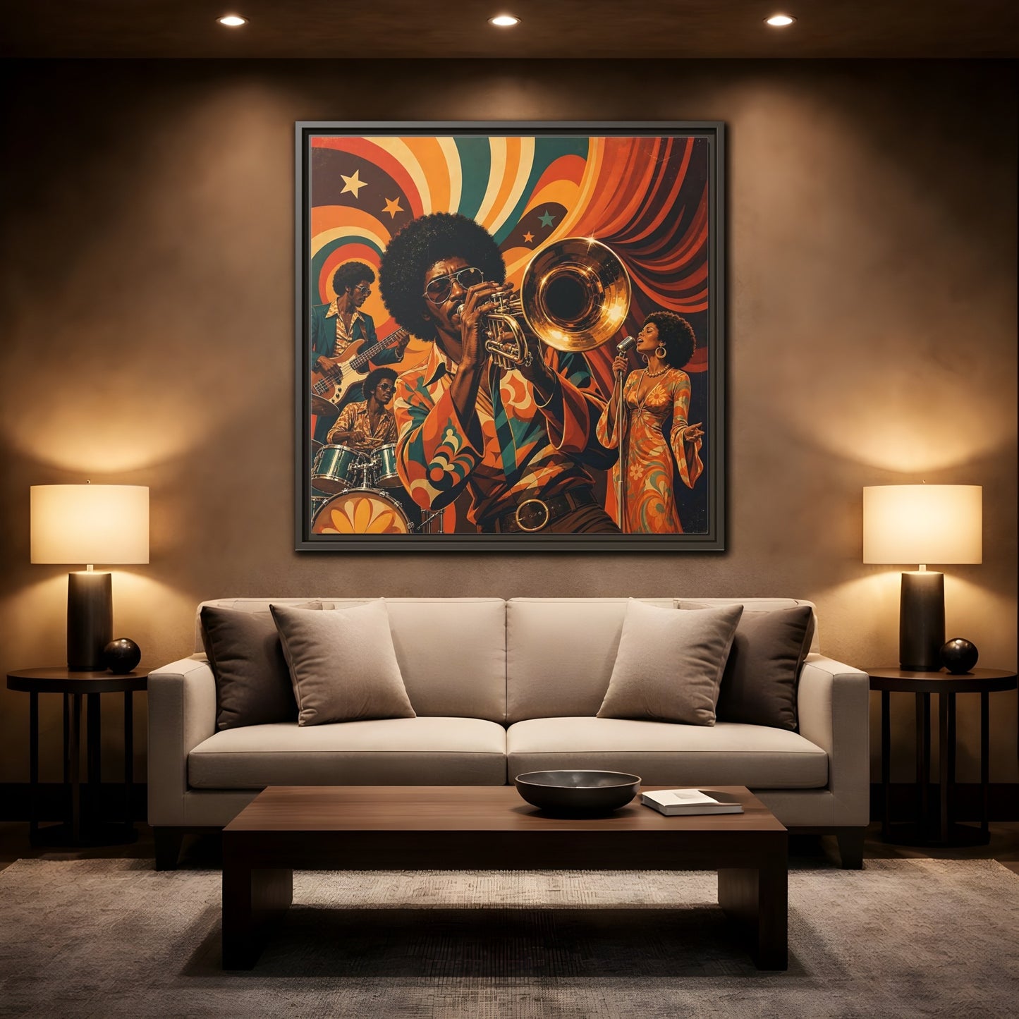 Mockup 2. Retro Soul Jazz Quartet shown as framed canvas print