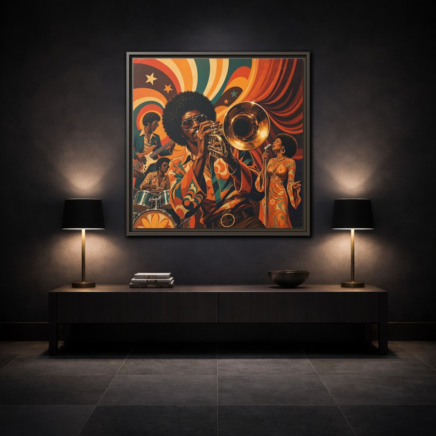 Mockup 3. Retro Soul Jazz Quartet shown as framed canvas print