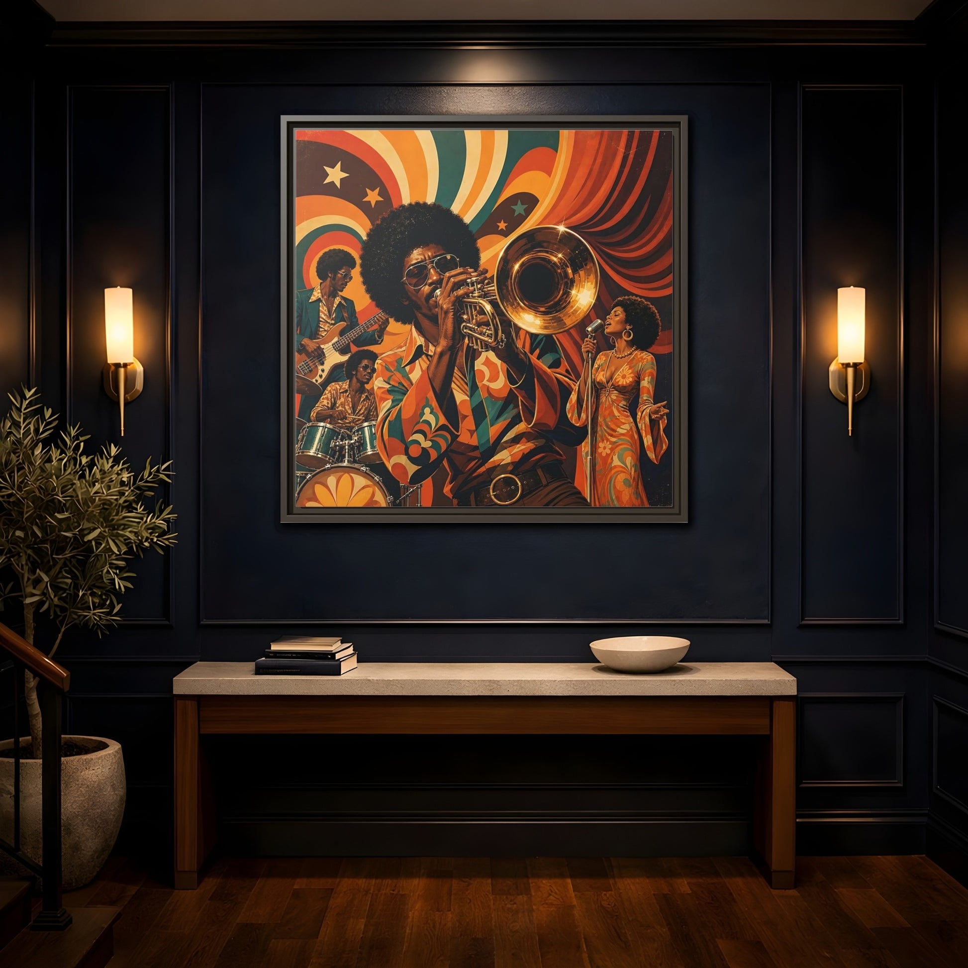 Mockup 4. Retro Soul Jazz Quartet shown as framed canvas print