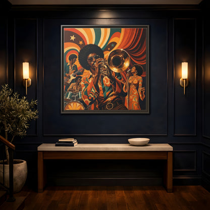 Mockup 4. Retro Soul Jazz Quartet shown as framed canvas print