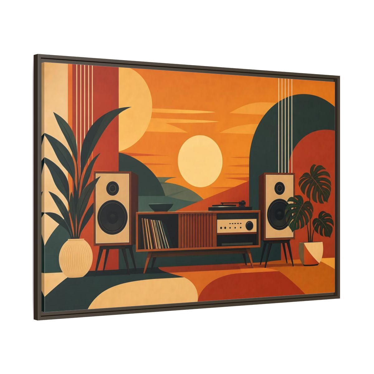 Side Mockup 8. Retro Sunset Stereo shown as framed canvas print