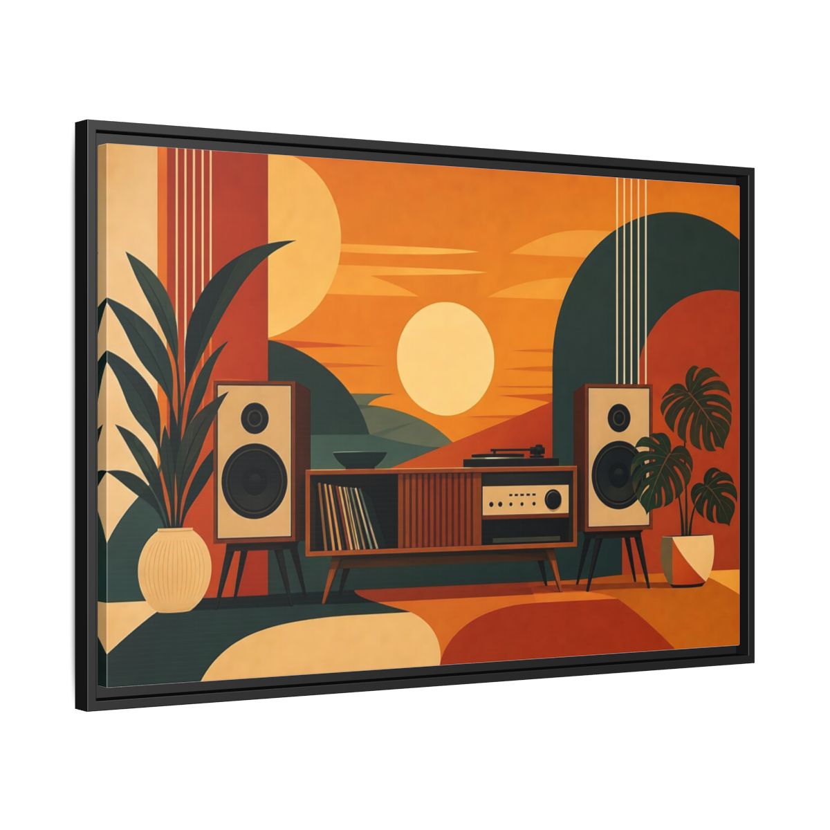 Side Mockup 13. Retro Sunset Stereo shown as framed canvas print