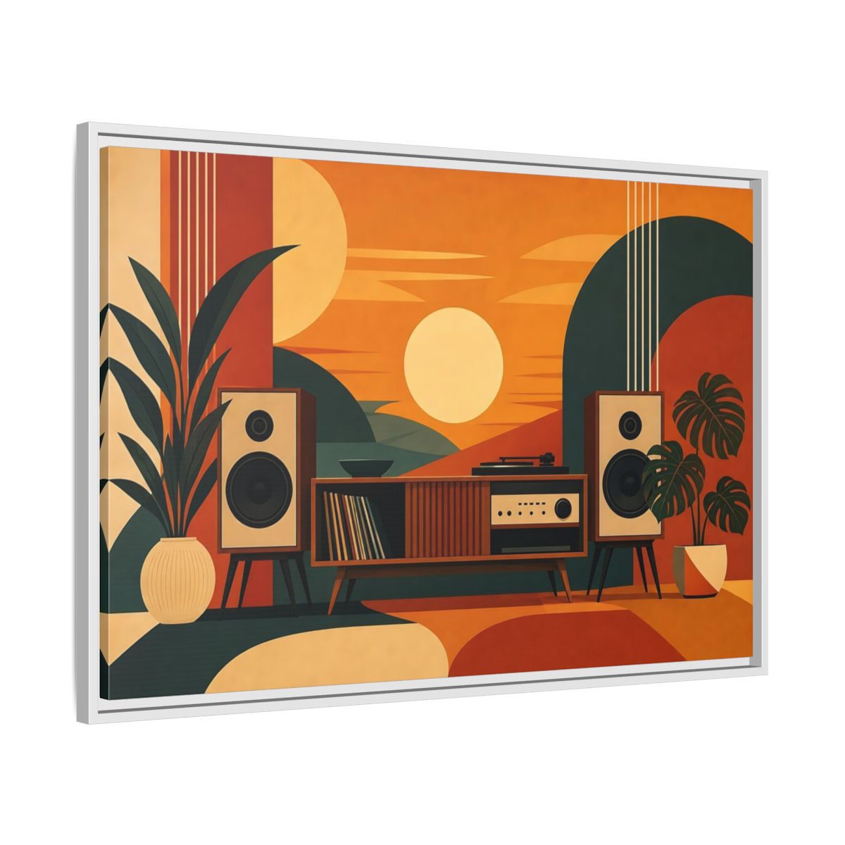 Side Mockup 9. Retro Sunset Stereo shown as framed canvas print