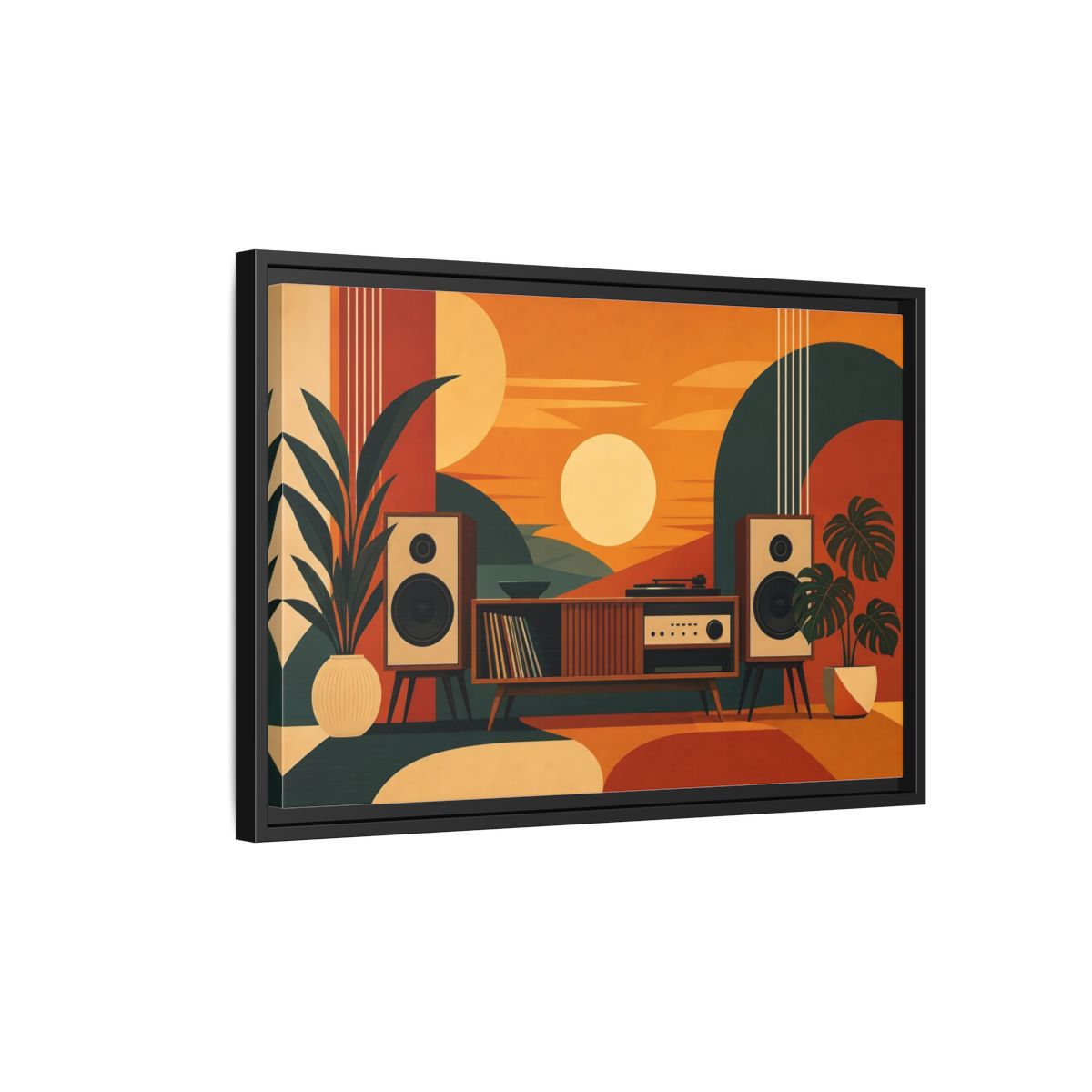 Side Mockup 3. Retro Sunset Stereo shown as framed canvas print