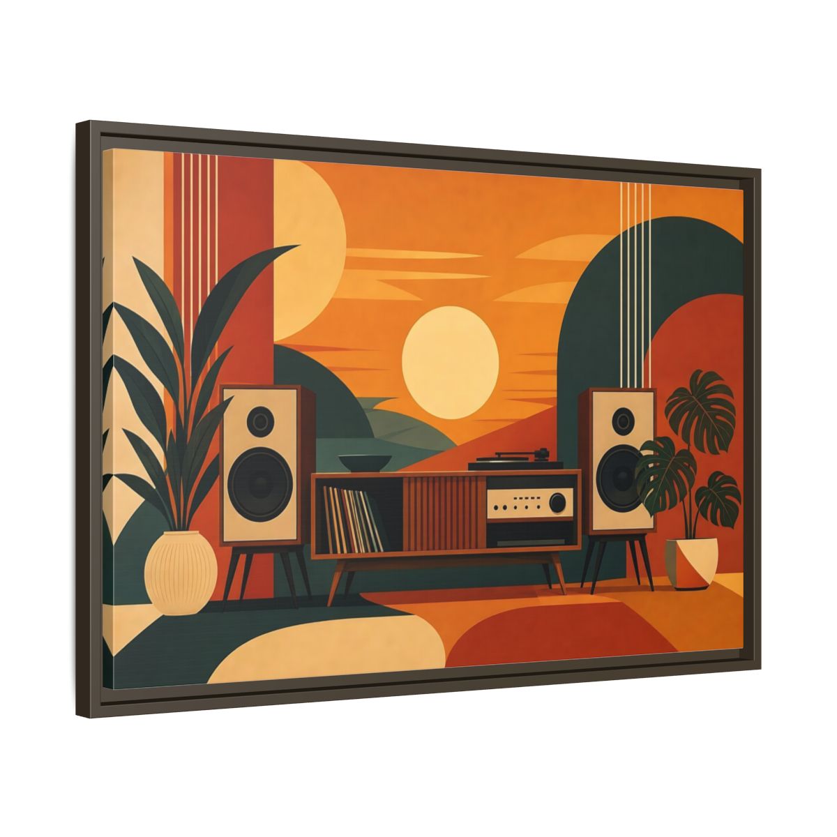 Side Mockup 11. Retro Sunset Stereo shown as framed canvas print
