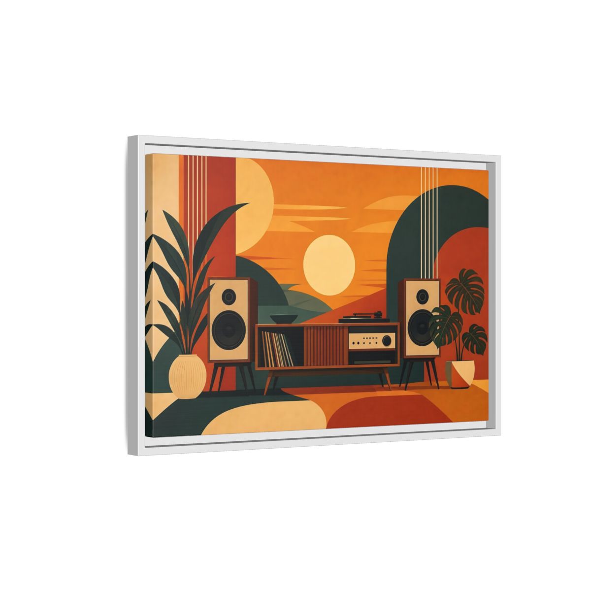 Side Mockup 1. Retro Sunset Stereo shown as framed canvas print