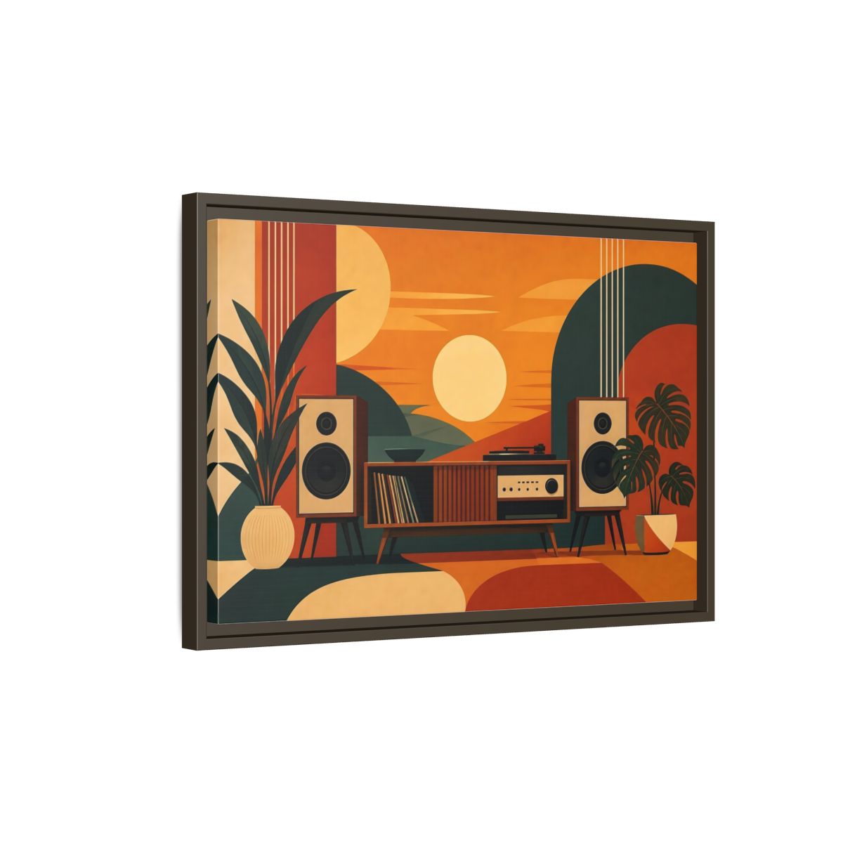 Side Mockup 2. Retro Sunset Stereo shown as framed canvas print