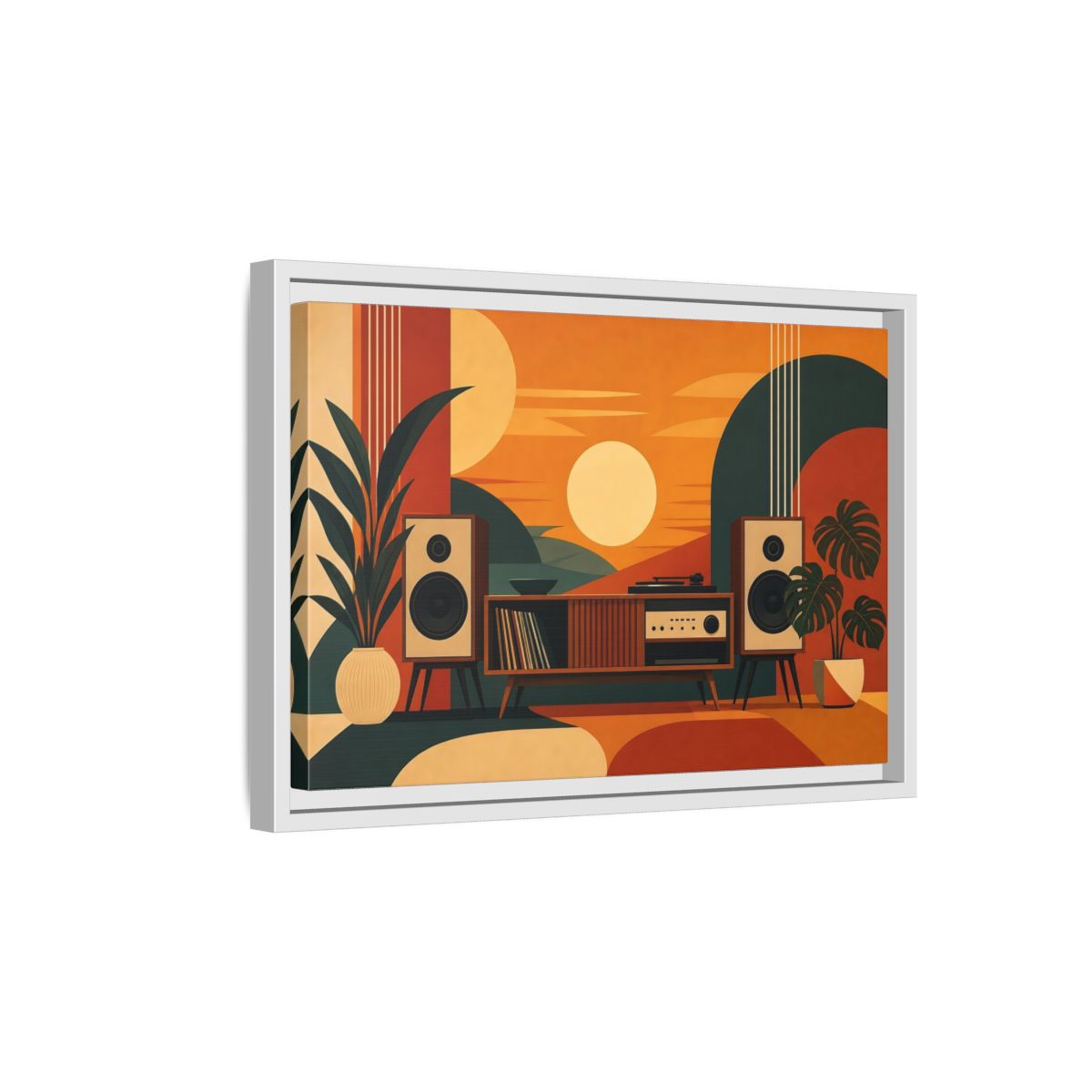Side Mockup 4. Retro Sunset Stereo shown as framed canvas print